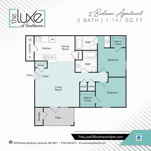 Floor plan for 2 beds, 2 baths, 1132 sqft